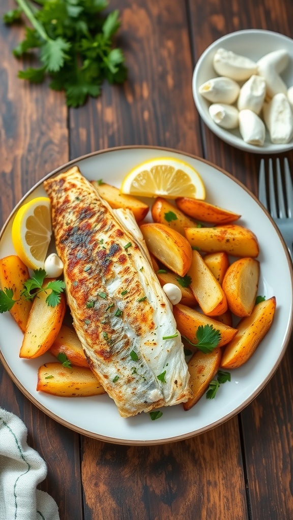 Crispy sea bass with potato wedges garnished with parsley and lemon.